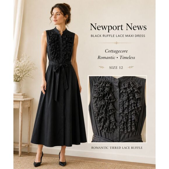 Newprot News Dresses & Skirts - Newport News Black Ruffle Lace Maxi Dress 100% Cotton Cottagecore Romantic 12